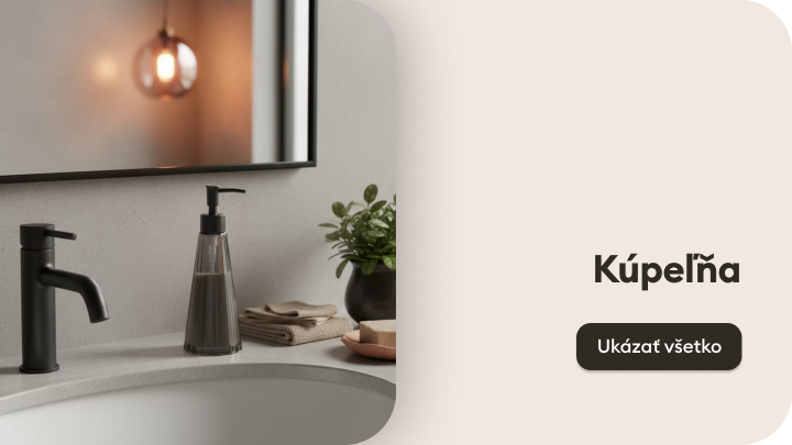 Moderné vybavenie kúpeľne s elegantnou čiernou batériou a dávkovačom na mydlo. Na umývadle sú uložené uteráky, miska a dekorácie, vrátane rastliny v kvetináči. Vedľa je tlačidlo s nápisom „Ukázať všetko“.