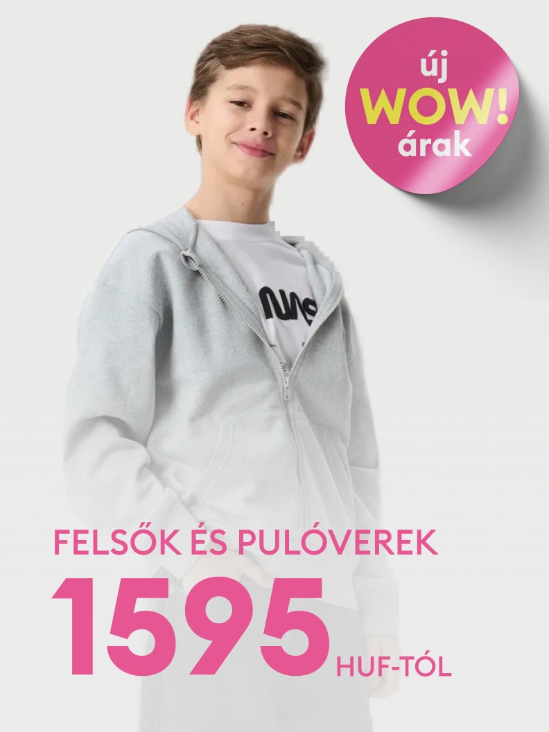 Új akciós ajánlat: felsők és pulóverek már 1595 forinttól. Szöveg egy szürke kapucnis pulóvert viselő személyről, minimalista háttérrel. Új WOW árak – tökéletes választás kényelmes és divatos ruhák kedvező áron.