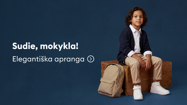 Reklama, pristatanti elegantišką vaikišką aprangą kasdienai ar mokyklai, pabrėžiant stilingą, tvarkingą įvaizdį ir praktiškumą.