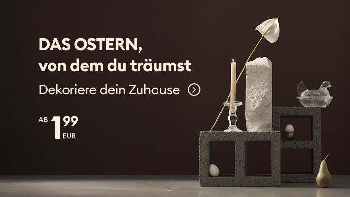 Werbliche Darstellung von Osterdekoration für das Zuhause, die Inspiration zum Dekorieren vermittelt und ein Einstiegsangebot mit Preisangabe kommuniziert.