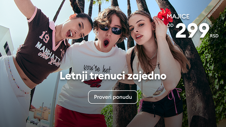 Promocija letnjih trenerki za mlade, ističe zajedničko nošenje i povoljnu ponudu, podstiče korisnika da proveri dostupne modele.