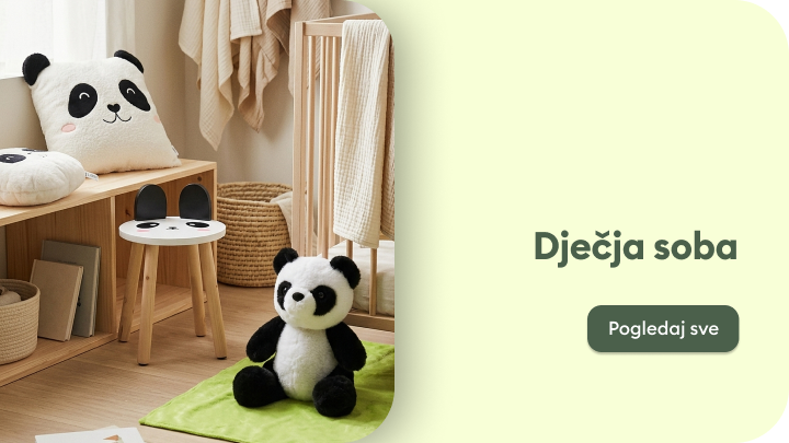 Promotivni prikaz opremanja dječje sobe s namještajem i dekoracijama, namijenjen poticanju pregledavanja ponude za dječju sobu.