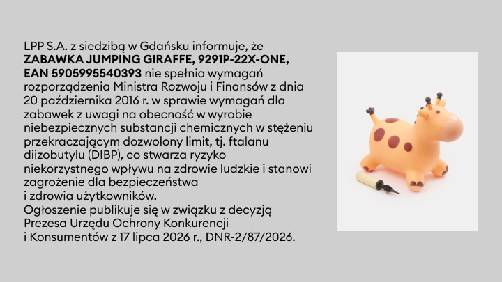 Komunikat o wycofaniu zabawki Żyrafa ZABAWKA JUMPING GIRAFFE 9291P-22X-ONE z powodu przekroczenia dopuszczalnego stężenia niebezpiecznej substancji chemicznej i zagrożenia dla zdrowia dzieci