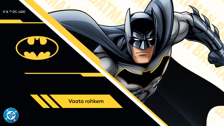 Koomiksite kangelane Batmani kujutis, millele on lisatud Batmani logo ja tekst „Vaata rohkem”. Pildi alumises nurgas on DC Comicsi logo. Põhiteemaks on Batman ja koomiksikultuur.