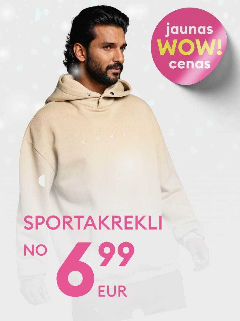 Sporta krekls pieejams par īpašu cenu, sākot no 6,99 EUR. Reklāma izceļ jaunas WOW cenas, piedāvājot izdevīgu piedāvājumu kvalitatīviem apģērbiem.