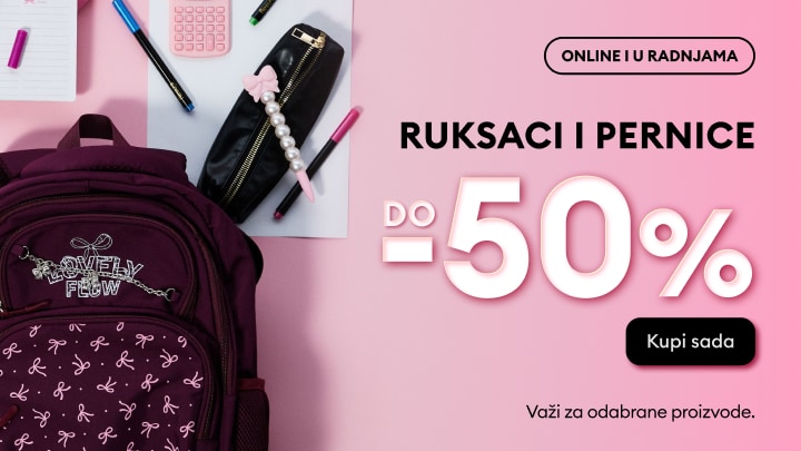 Akcija na ruksake i pernice uz popust do 50% na odabrane proizvode, dostupno online i u radnjama.