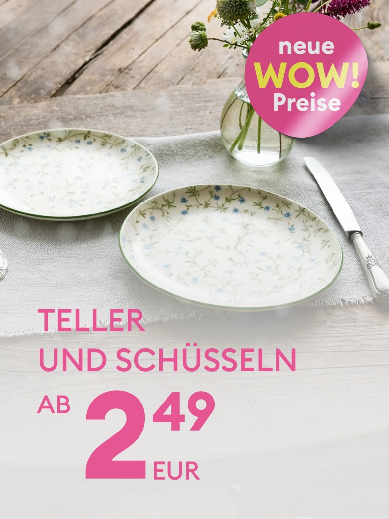 Teller und Schüsseln mit floralem Muster. Neue WOW-Preise: Produkte ab 2,49 Euro erhältlich. Perfekt für stilvolle Tischdekoration oder als Geschenkidee. Weitere Informationen und Angebote im Geschäft oder online verfügbar.