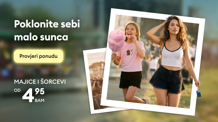 Promotivni vizual koji potiče pripremu i pakovanje za gradski ili tropski odmor uz putnu prtljagu i dodatke, s naglaskom na ponudu Sinsay.