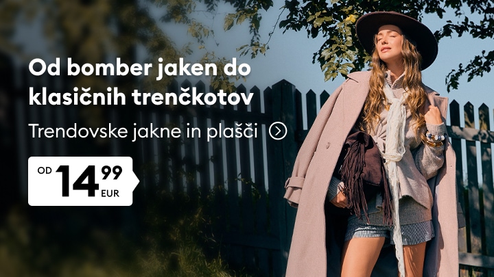 Promocija trendovskih jaken in plaščev za ženske, od bomber jaken do klasičnih trenčkotov po ugodnih cenah