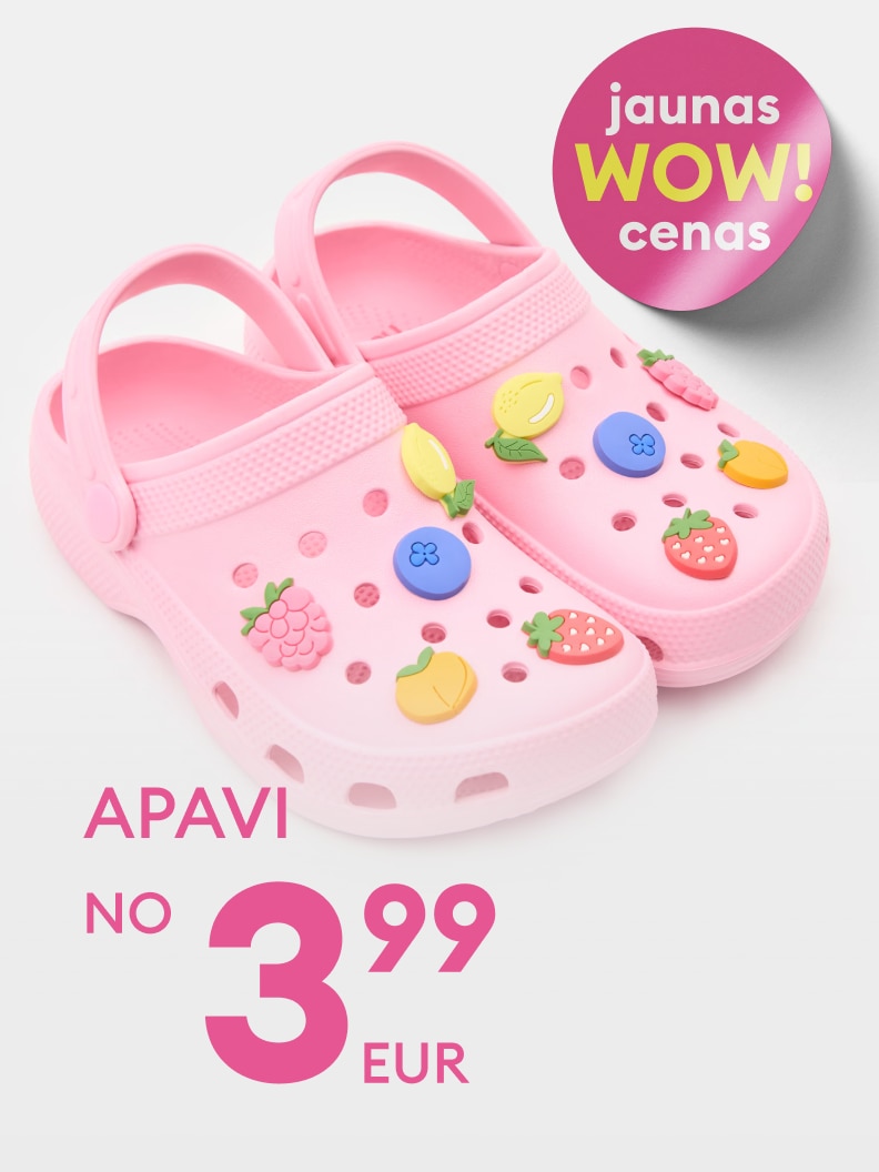 Akcija bērnu klogiem ar dekoratīvām figūrām; piedāvājums izceļ jaunu zemu cenu 3,99 EUR un aicina iegādāties izdevīgi.