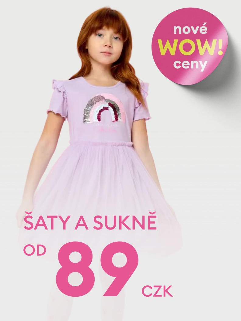 Reklamní vizuál propagující dětské šaty a sukně s výhodnými cenami, určený k upoutání pozornosti a podpoře nákupu.