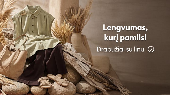 Reklaminė žinutė apie lininės aprangos kolekciją, pabrėžianti lengvumą, natūralumą ir komfortą kasdieniam dėvėjimui.