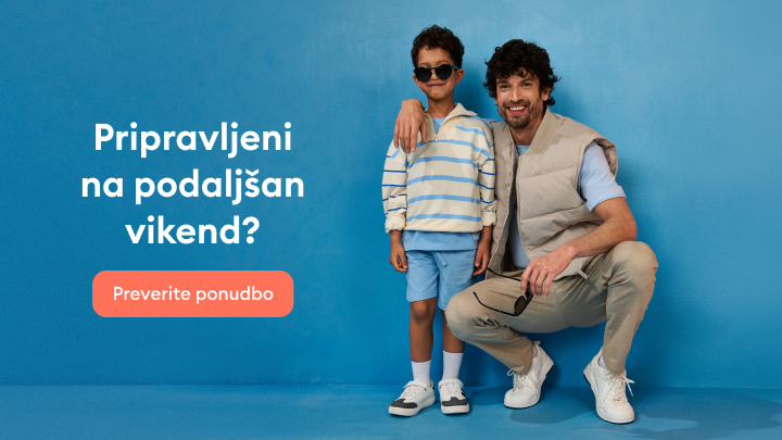 Promocijski vizual, ki spodbuja k nakupu oblačil za podaljšan vikend ter prikazuje usklajen družinski slog za prosti čas.