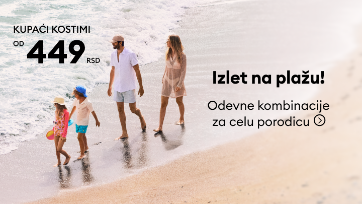 Promotivna poruka o izletu na plažu sa ponudom odevnih kombinacija za celu porodicu i kupaćih kostima po početnoj ceni od 449 RSD.