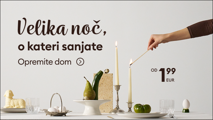 Navdih za velikonočno pogrinjko in opremo doma, ki poudarja praznično vzdušje in spodbuja k nakupu dekoracije.