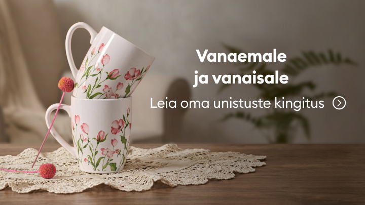 Kaks lillemustriga kruusi asetsevad pitslinikul. Sõnum kutsub leidma ideaalset kingitust vanavanematele.