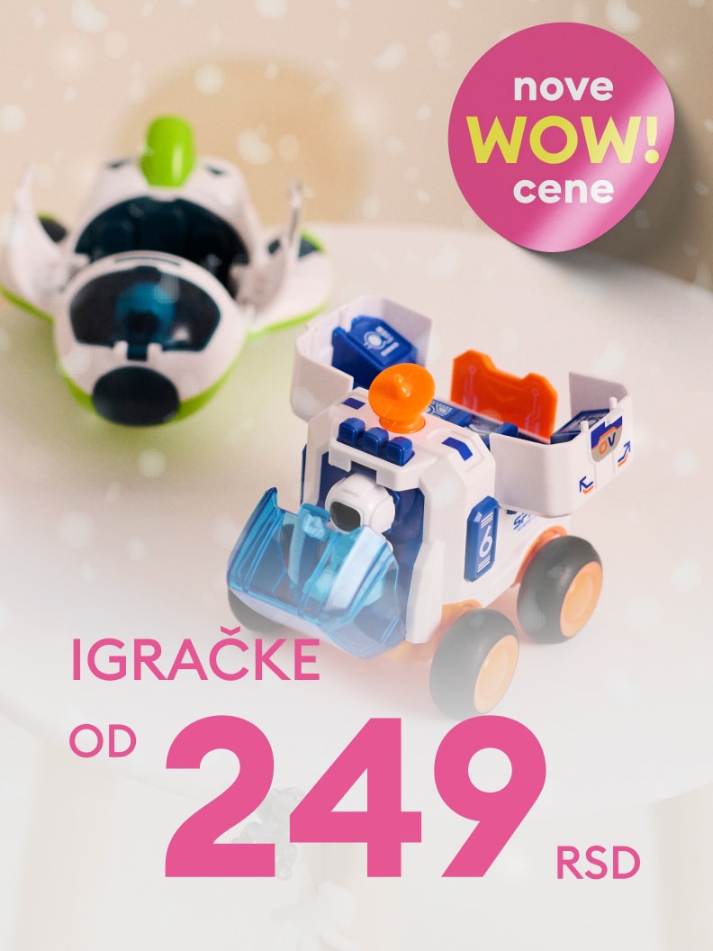 Promocja na zabawki. Ceny zaczynają się już od 7,99 złotych. Widoczne są modele, takie jak samochodzik z ruchomą łyżką oraz pojazd kosmiczny. Oferta wyróżnia się hasłem „Nowe WOW ceny”. Idealna okazja na niezwykle atrakcyjne zakupy dla dzieci.
