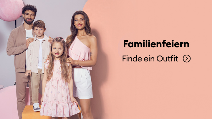Inspiration zur Auswahl passender Outfits für Familienfeiern, mit Erwachsenen und Kindern, die gemeinsame festliche Kleidung präsentieren.