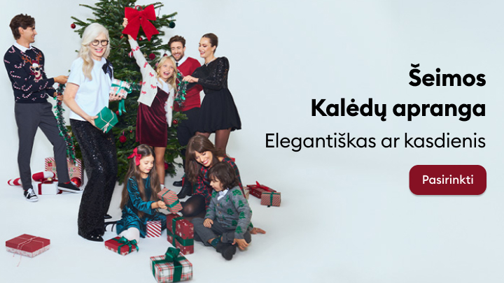Šeimos Kalėdų apranga: elegantiški ir kasdieniai drabužiai šventiniam laikotarpiui. Reklama pabrėžia stilingus pasirinkimus šventėms, skirtus tiek suaugusiems, tiek vaikams. Mygtukas „Pasirinkti“ kviečia peržiūrėti ir įsigyti kalėdinių drabužių kolekciją. banner