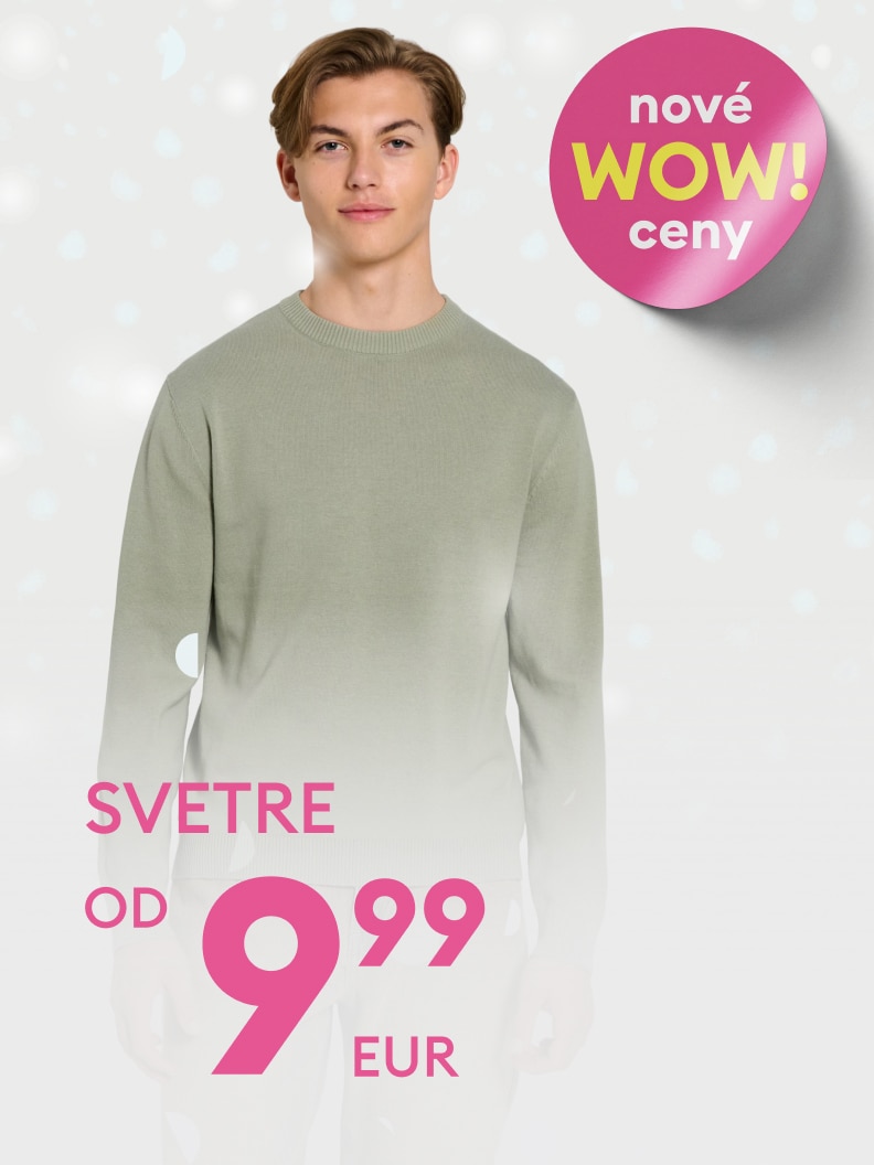Promocja na swetry od 39,99 PLN. Grafika informuje o nowych, atrakcyjnych cenach, podkreślonych hasłem „nowe WOW! ceny”. Oferta dotyczy odzieży przedstawionej na zdjęciu. Idealna propozycja na chłodniejsze dni w korzystnej cenie.