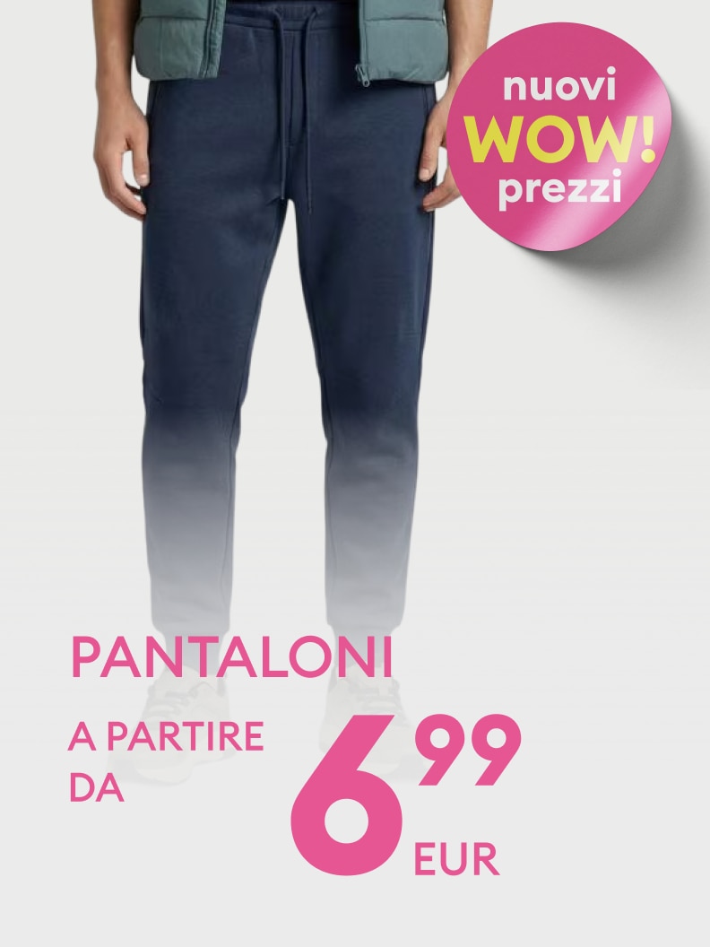 Promozione su pantaloni con prezzo di partenza conveniente, pensata per informare su un’offerta speciale e incentivare l’acquisto con un risparmio immediato.