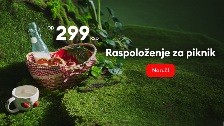 Ponuda za piknik sa korpom hrane i pića u prirodnom okruženju, uz promotivnu cenu i mogućnost naručivanja