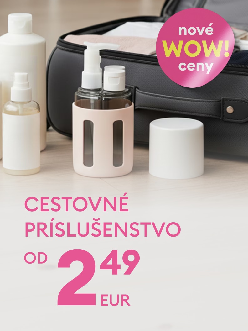 Propagácia cestovných doplnkov a nádobiek na kozmetiku vhodných na balenie, s upozornením na výhodnú cenu od 2,49 €.