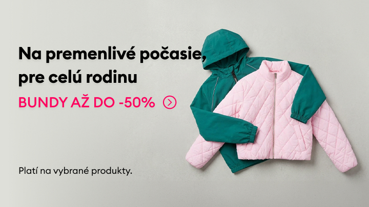Propagačný banner informuje o zľave až 50 % na bundy pre celú rodinu, vhodné do premenlivého počasia, s platnosťou na vybrané produkty.
