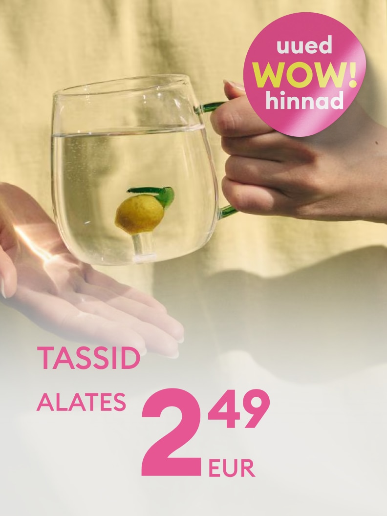 Kampaaniapilt, mis teavitab tasside müügist alates 2,49 eurost ning rõhutab uusi eriti soodsaid hindu kodutarvikute ostmiseks.