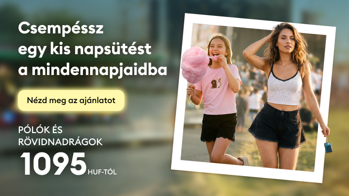 Nyári ruházati akció bemutatása: pólók és rövidnadrágok kedvezményes áron, 1095 Ft-tól, a kínálat megtekintésére ösztönöz.