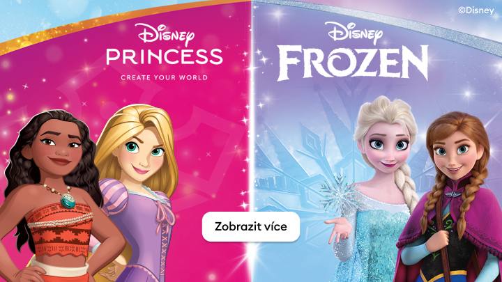 Propagační vizuál umožňující přejít na nabídku dětských kolekcí Disney Princess a Disney Frozen.