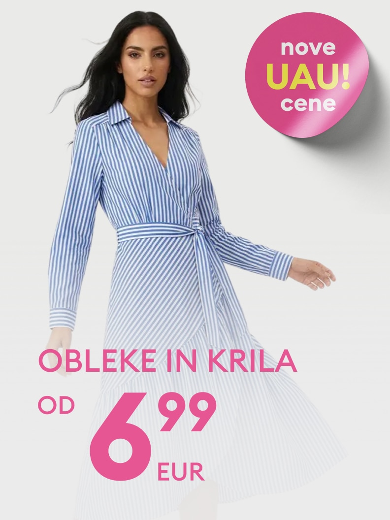 Promocija nove ponudbe ženskih oblek in kril z ugodnimi cenami, namenjena spodbujanju nakupa v modni trgovini.