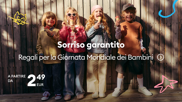 Promozione di regali per la Giornata Mondiale dei Bambini, pensati per far sorridere i bambini, con prezzi a partire da 2,49 EUR.