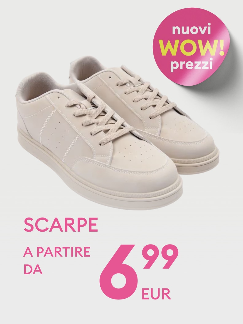 Promozione commerciale su scarpe casual, con nuovi prezzi e costo di partenza di 6,99 EUR, pensata per incentivare l'acquisto.