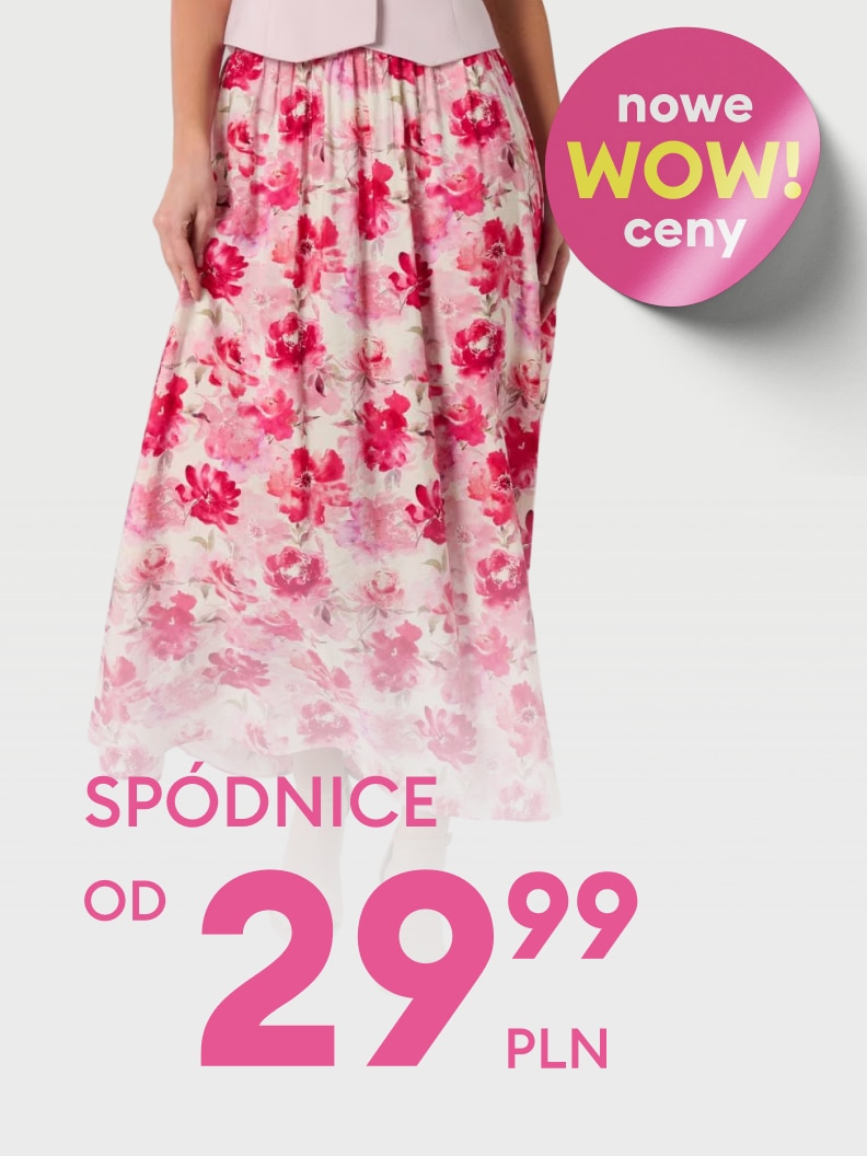 Promocja cenowa na spódnice damskie, prezentująca przykładowy model i informująca o obniżonych cenach zaczynających się od 29,99 zł.
