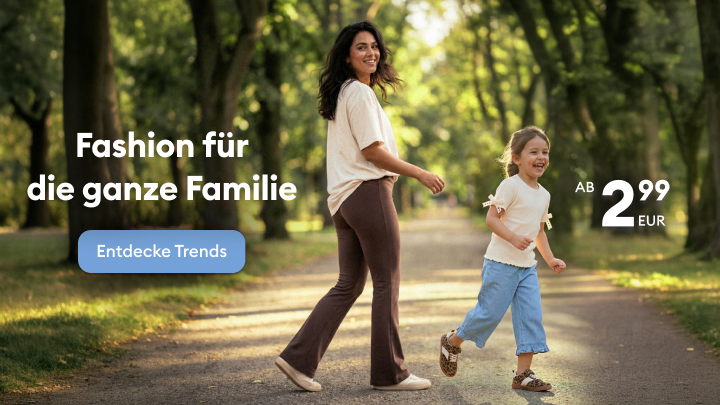 Werbebild für erschwingliche Mode für die ganze Familie mit Hinweis auf Einstiegspreise ab 2,99 EUR und Einladung, neue Trends zu entdecken.