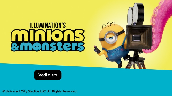 Promozione Minions & Monsters con personaggio Minion accanto a una cinepresa e tentacolo mostruoso, dedicata a contenuti e prodotti a tema animazione e avventura
