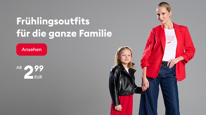 Werbebanner zur Bewerbung von Frühlingsoutfits für die ganze Familie mit einem günstigen Einstiegspreis und Aufforderung zum Entdecken des Sortiments.