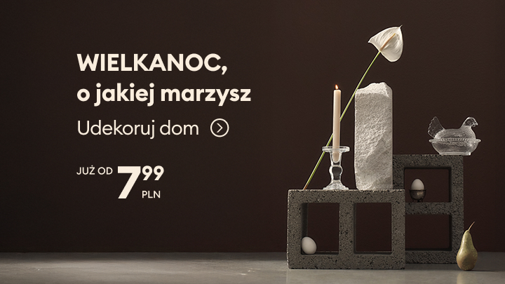 Reklama zachęcająca do dekorowania domu na Wielkanoc, prezentująca ofertę sezonowych dekoracji jako inspirację do zakupu.