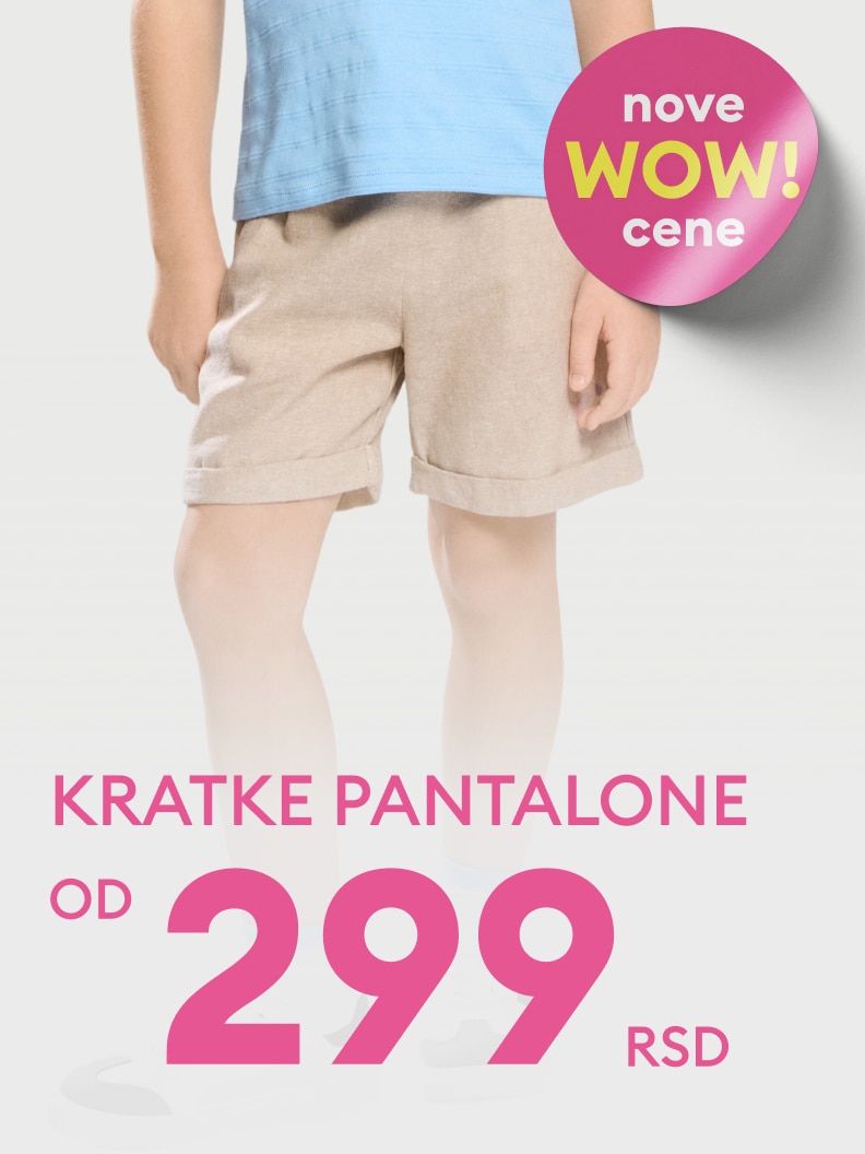 Promotivna ponuda dečjih kratkih pantalona sa sniženom cenom od 299 RSD, ističe novu povoljnu kupovinu za decu.