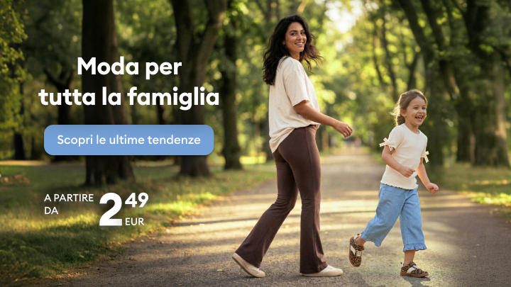 Promozione di abbigliamento per tutta la famiglia, con invito a scoprire le nuove tendenze e offerte con prezzi di partenza accessibili.