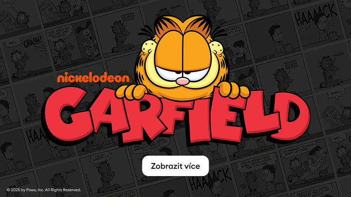 Logo seriálu Garfield. Legrační oranžový kocour s ironickým výrazem a jménem Garfield je hlavní postavou kresleného seriálu. Vyrobeno společností Nickelodeon. Slogan: Zobrazit více. Pozadí obsahuje fragmenty komiksových stripů s Garfieldem. banner