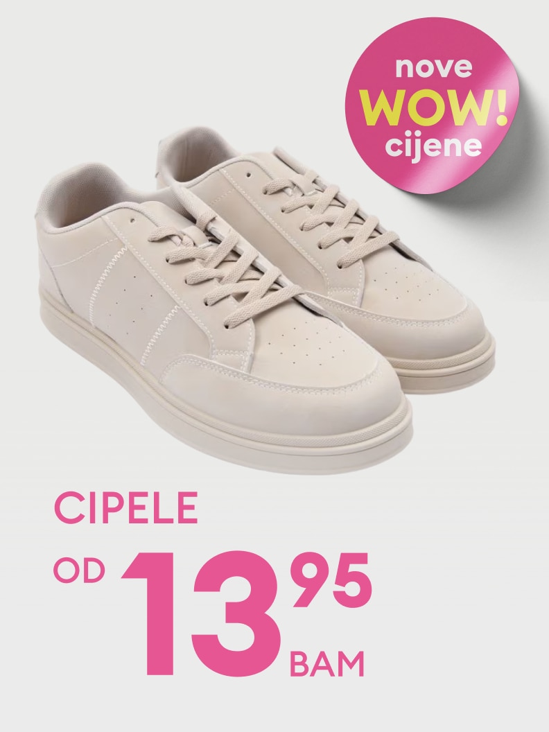 Promotivna ponuda svakodnevnih cipela sa sniženom cijenom dostupnom od 13,95 BAM, s ciljem informisanja korisnika o povoljnoj kupovini.