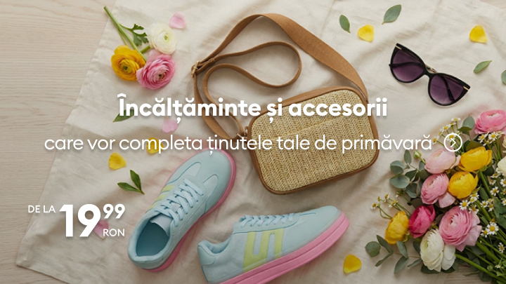 Promovare de încălțăminte și accesorii de primăvară, menită să inspire completarea ținutelor și să evidențieze existența unei oferte promoționale cu prețuri de pornire avantajoase.