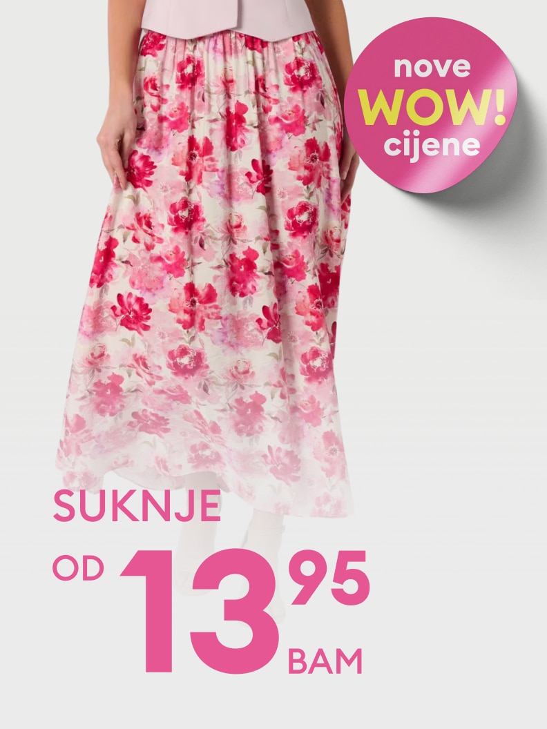 Promotivna ponuda ženskih suknji s naglaskom na snižene, početne cijene namijenjena privlačenju kupaca na aktuelnu akciju.