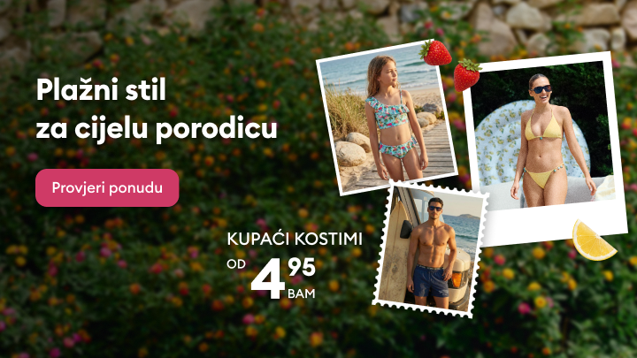 Promotivna poruka za plažnu modu za cijelu porodicu, s ponudom kupaćih kostima od 4,95 BAM i pozivom da se pogleda dostupna ponuda.