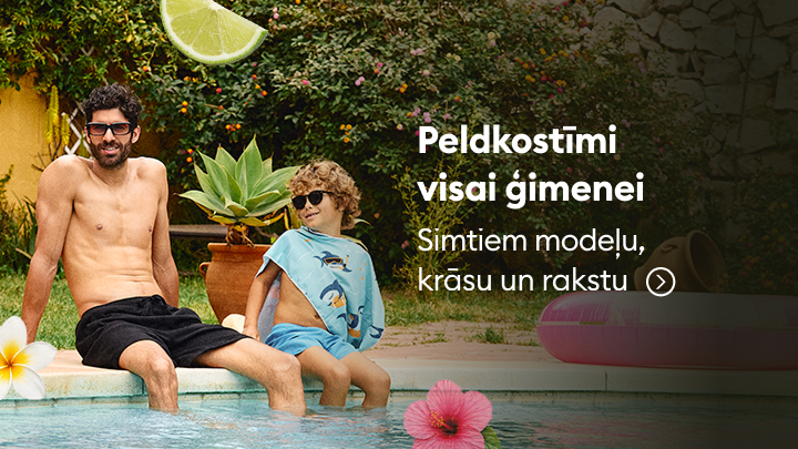 Peldkostīmu piedāvājums visai ģimenei ar plašu modeļu, izmēru un rakstu izvēli, paredzēts atpūtai pie baseina vai pludmalē.