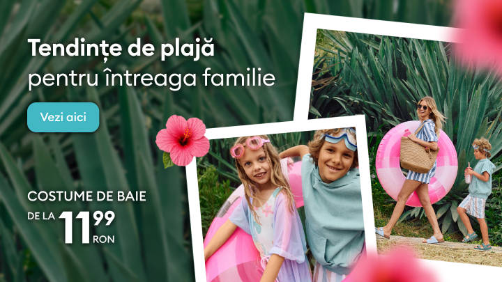 Promovare a tendințelor de plajă pentru întreaga familie, prezentând costume de baie și ținute de vacanță pentru adulți și copii, pentru a încuraja explorarea ofertei.