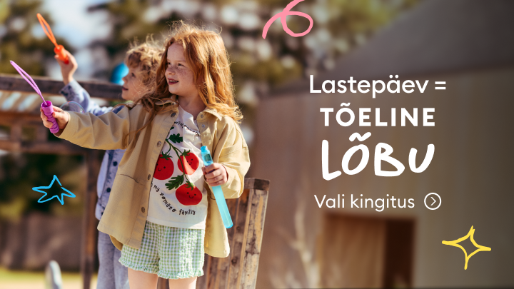 Reklaam kutsub valima lastele kingitusi lastepäevaks, rõhutades rõõmu ja mängulist koosolemise hetke.