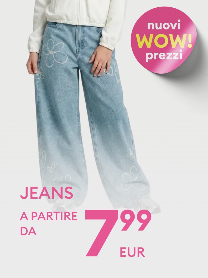 Promozione su jeans con nuovi prezzi vantaggiosi, comunicando un’offerta di vendita con costo di partenza conveniente.